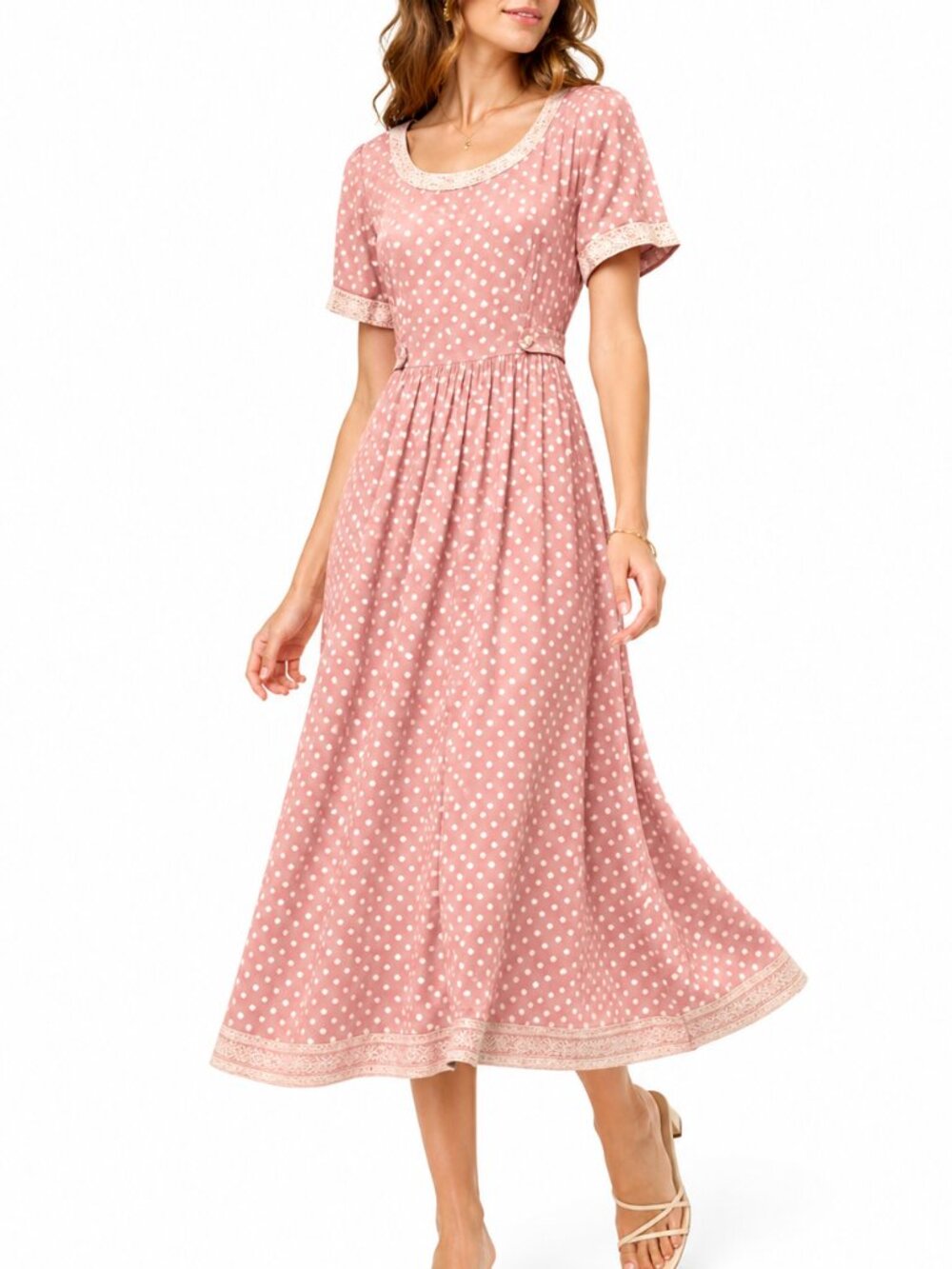 Vintage Jamie Brooke Pink Polka Dot Rayon Maxi Dress 1980s